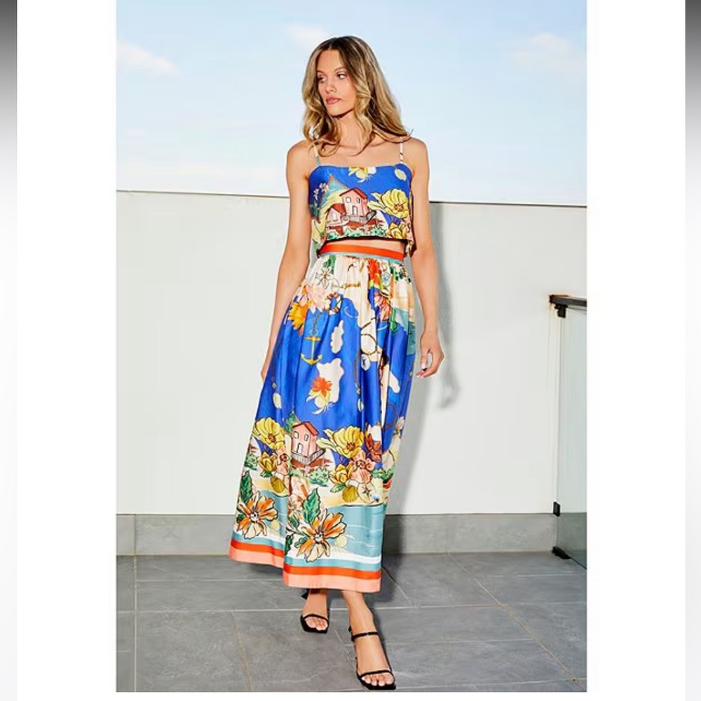 NWT Antonio Melani Evie Woven Ocean Print High Rise A-Line Coordinating Skirt